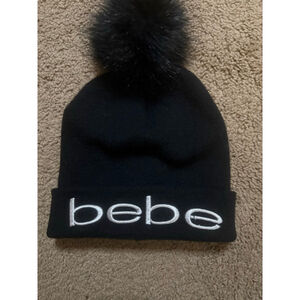 Women's Bebe Black One Size Beanie Hat with White Logo